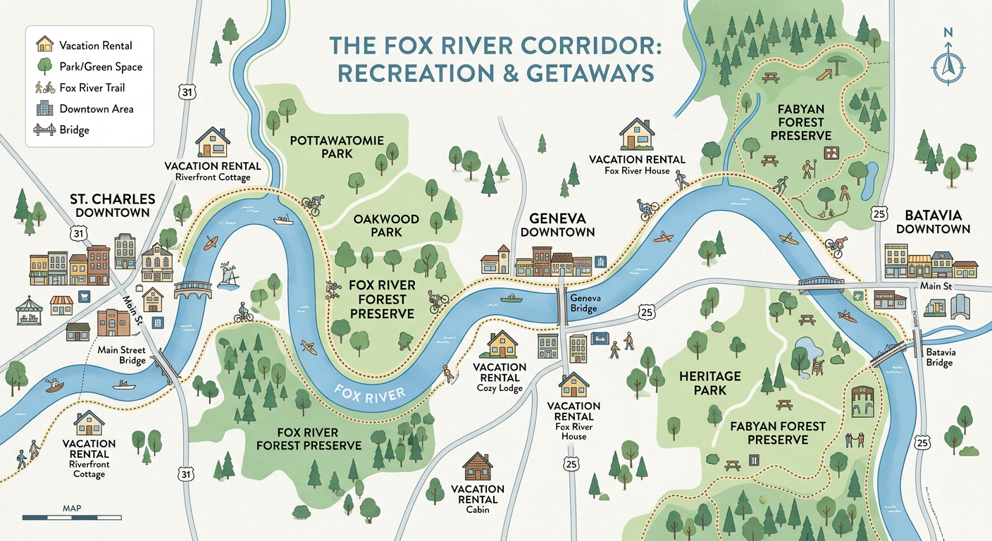 Modern illustrated map-style scene of the Fox River corridor with highlighted vacation rental homes, green park spaces, wa...