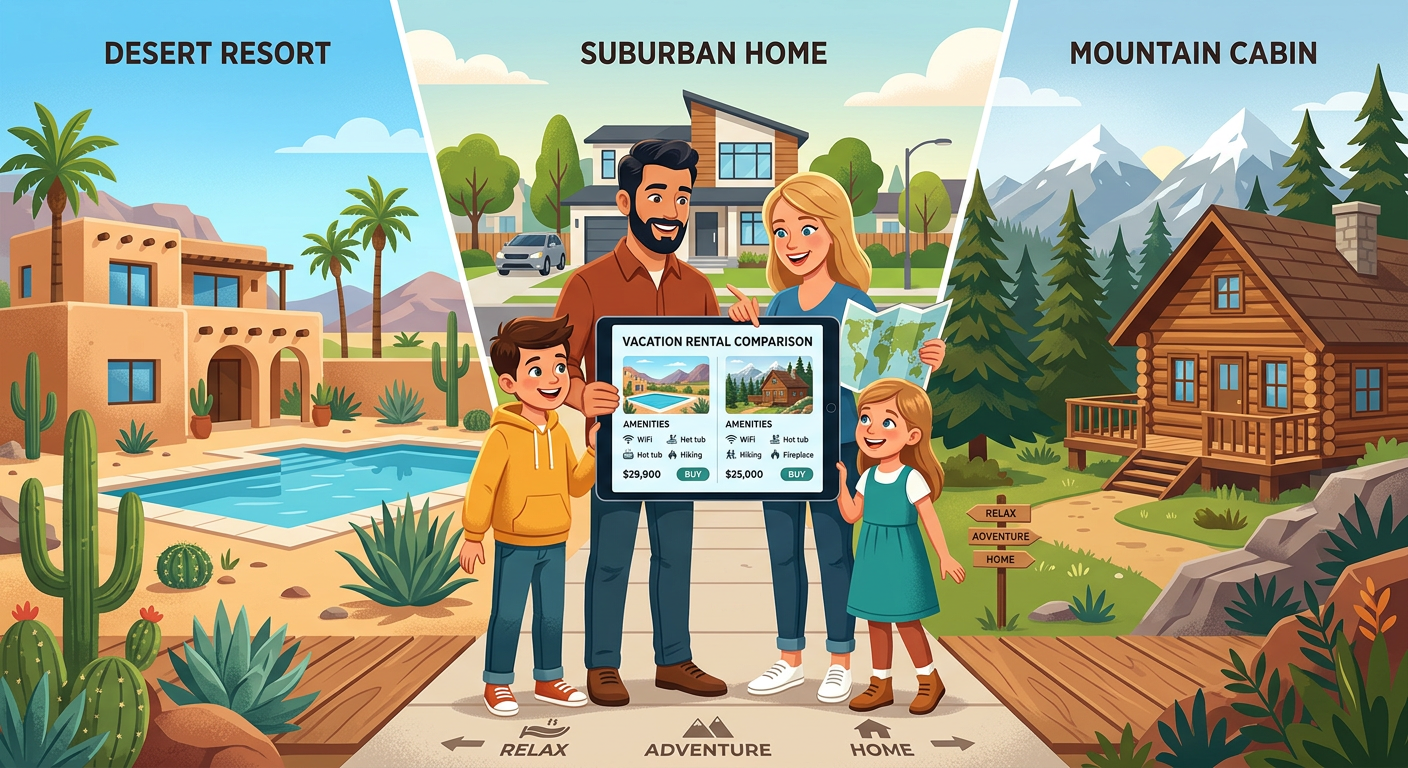 Modern illustration of a family comparing vacation rental features on a tablet while standing between desert resort, mount...
