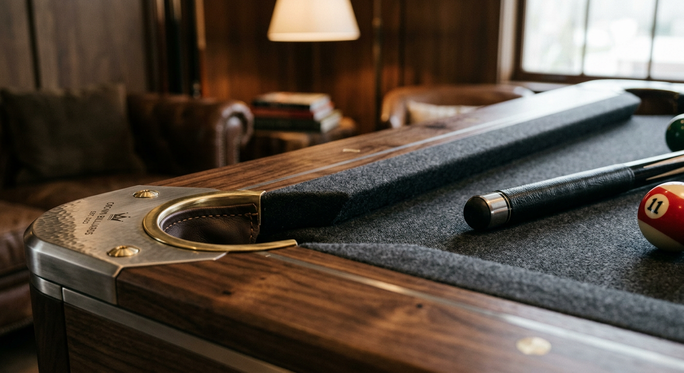 Close-up photorealistic view of a luxury pool table corner detail showing custom wood grain, brushed metal accents, premiu...