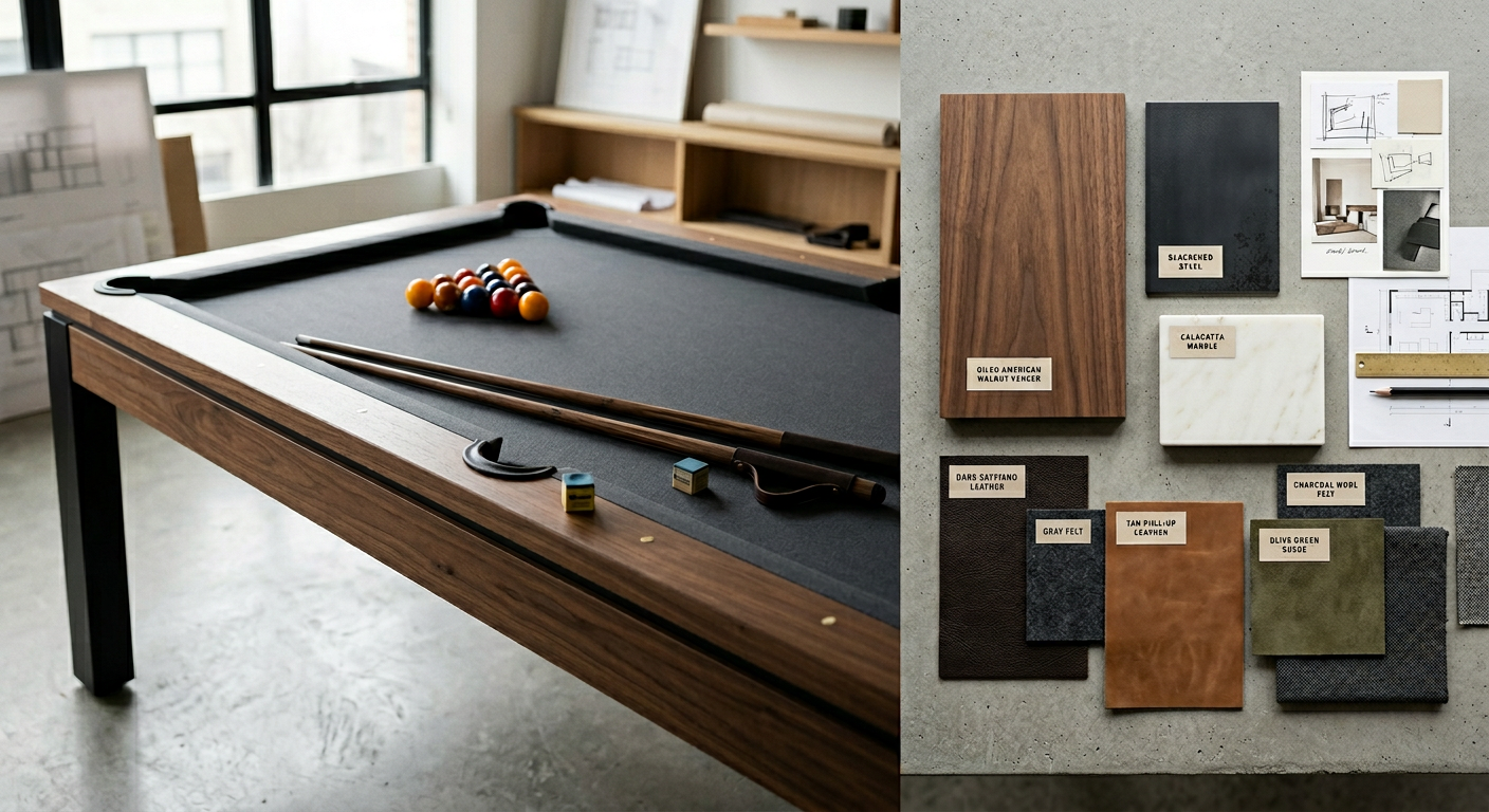 Interior design mood board style scene showing a luxury billiard table beside material swatches, walnut veneer, blackened ...