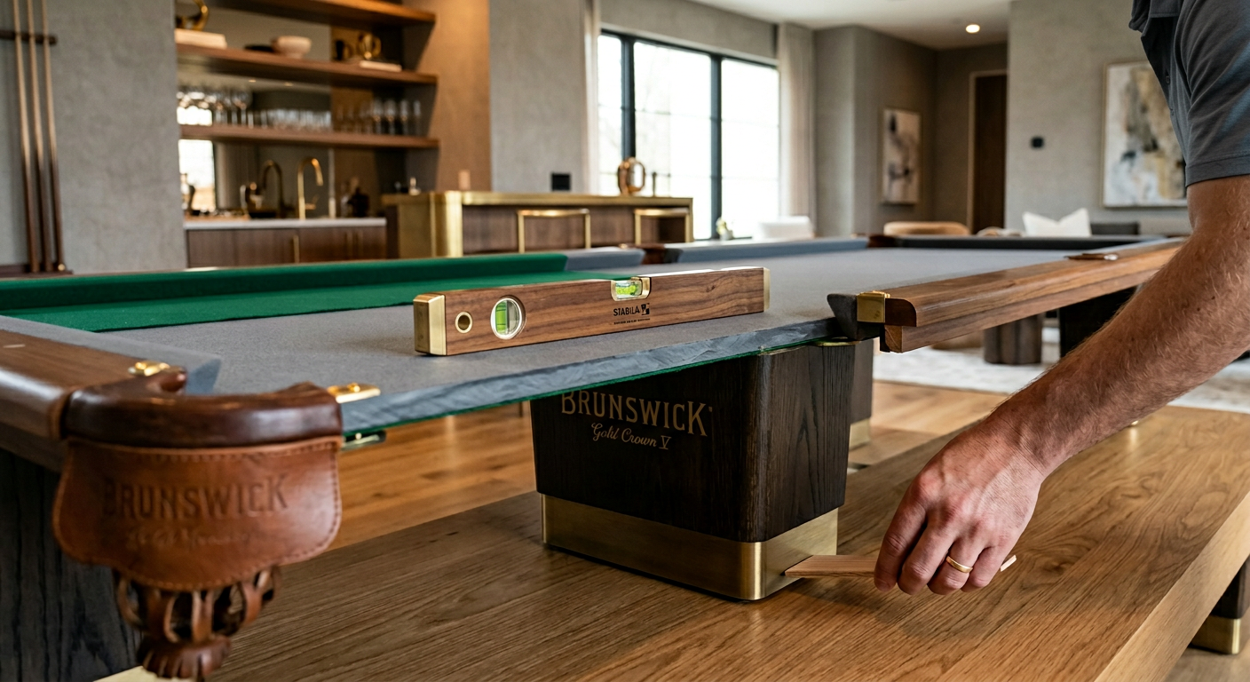 Close-up photorealistic shot of a hand placing thin wooden shims beneath a pool table leg while a bubble level sits on the...