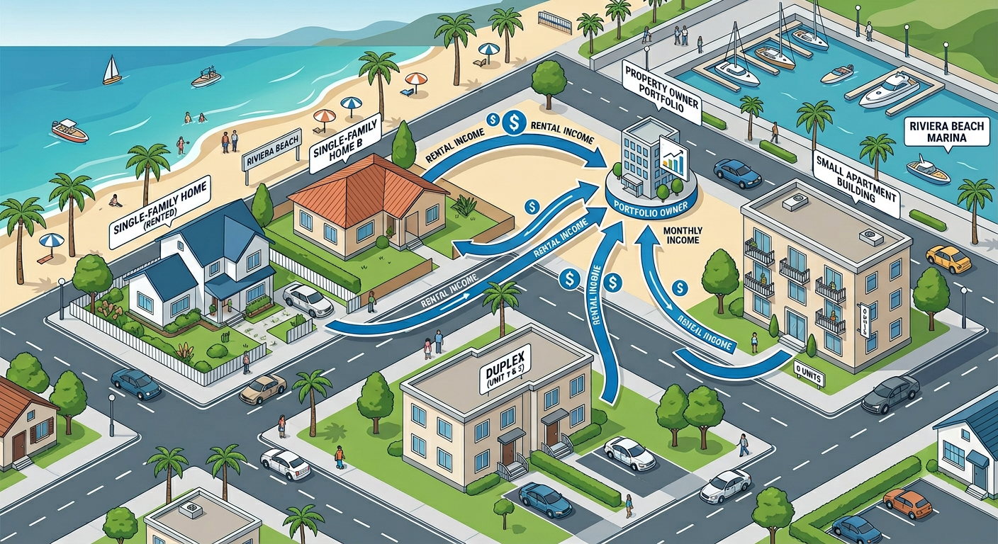 Modern isometric-style illustration of a Riviera Beach neighborhood with single-family homes, a duplex, a small apartment ...