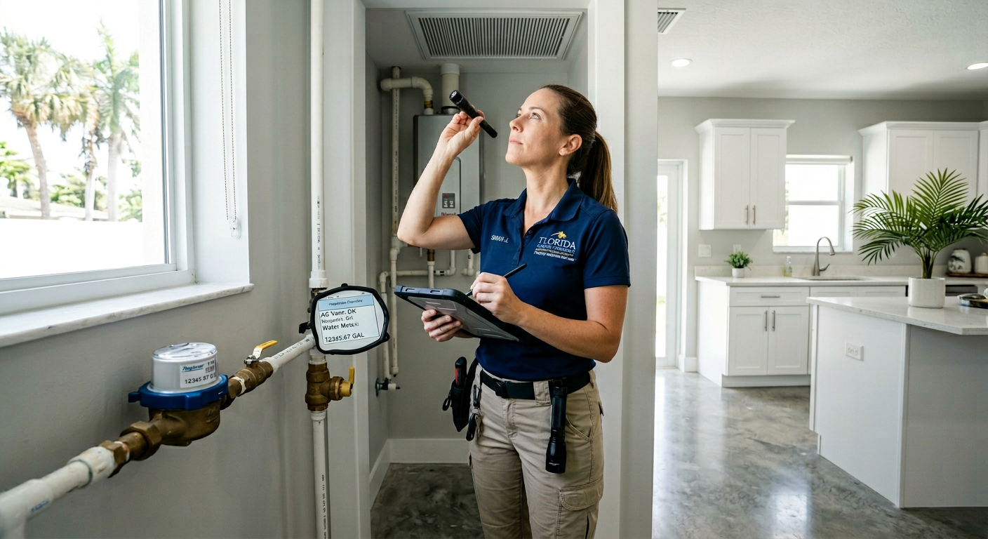 Photorealistic interior inspection scene in a modern South Florida home, a uniformed property manager checking an AC vent ...