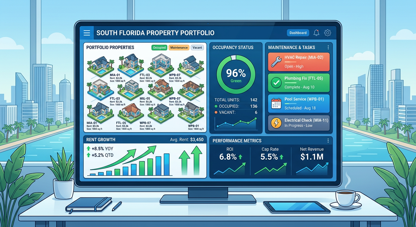 Modern isometric-style digital illustration of a property portfolio dashboard showing multiple homes, rent growth arrows, ...