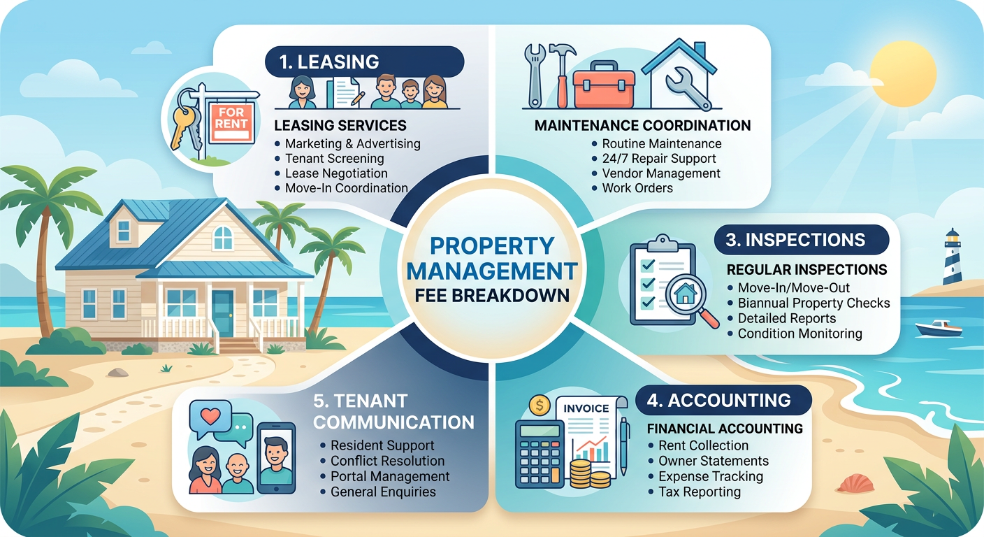 Clean modern illustration of a property management fee breakdown showing leasing, maintenance coordination, inspections, a...
