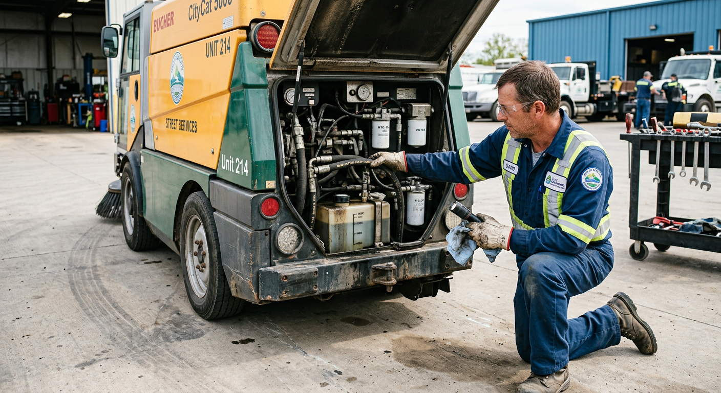 Close-up photorealistic scene of a sweeper technician performing a quick daily inspection on a mechanical street sweeper i...