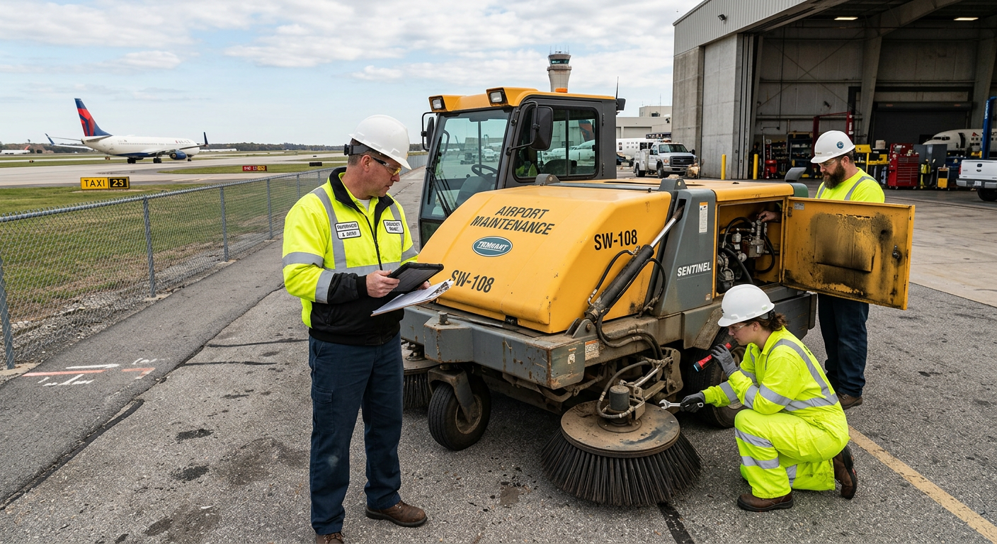 Detailed photorealistic image of a municipal and airport maintenance supervisor reviewing a mechanical street sweeper besi...