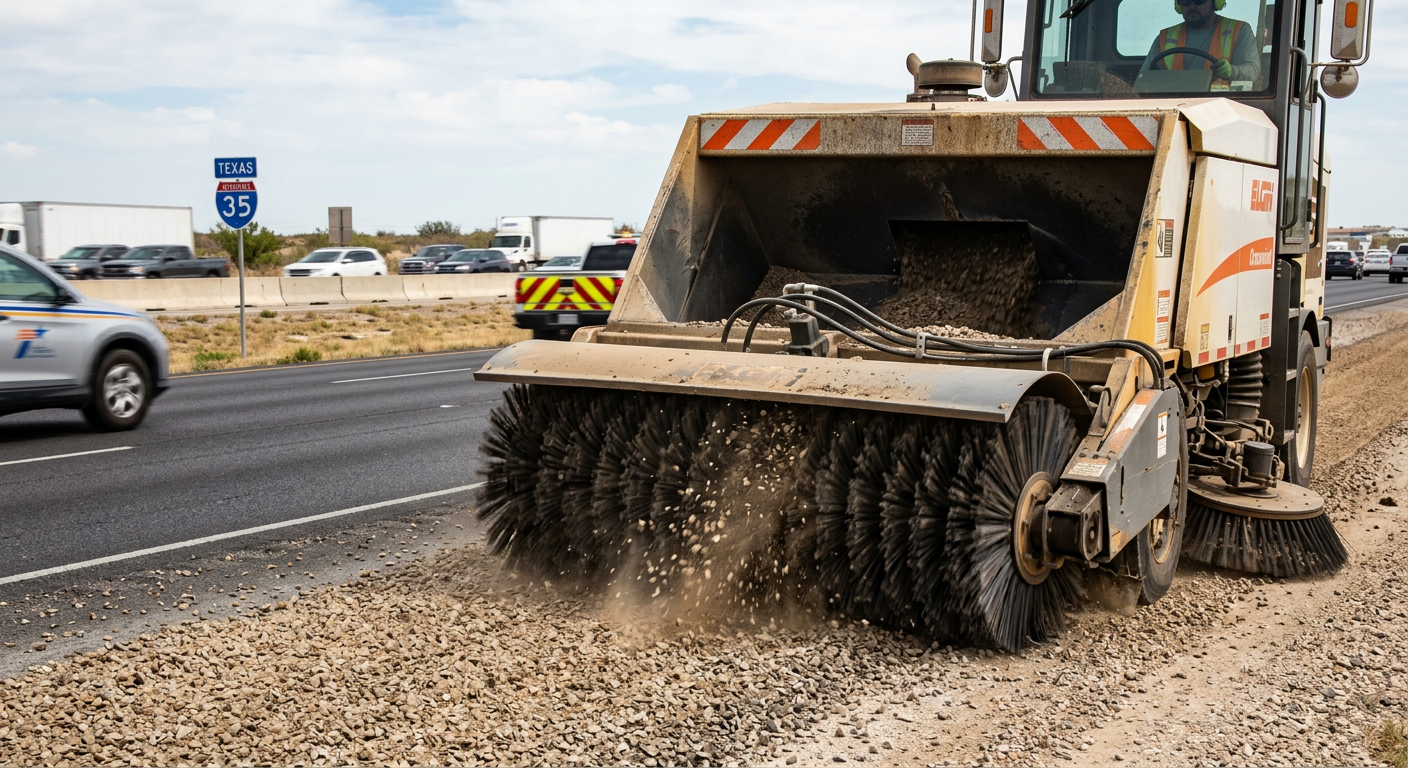 Detailed in-content image of loose chip seal aggregate being collected by a mechanical broom street sweeper on a Texas hig...