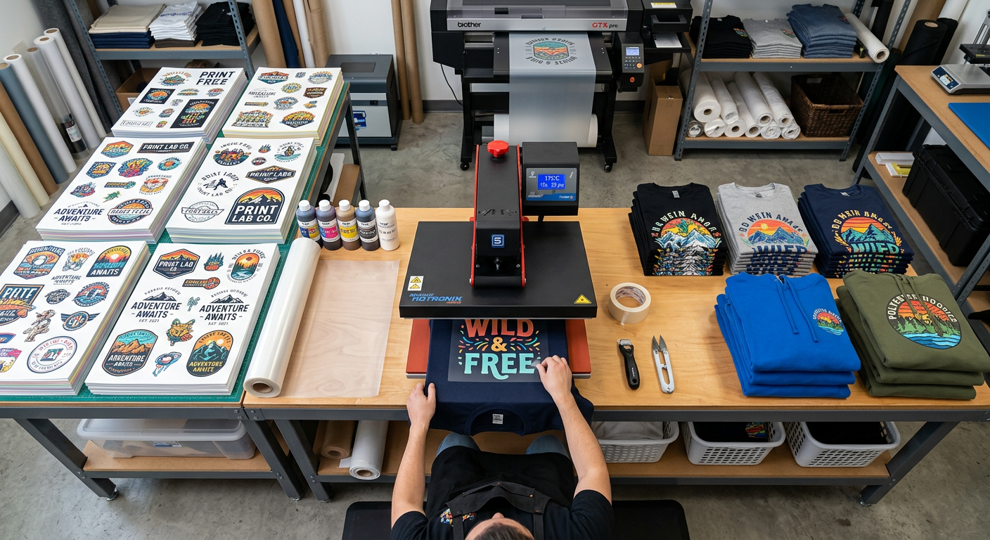 Dynamic print production scene with stacked gang sheets, transfer film, heat press, and finished cotton and polyester appa...