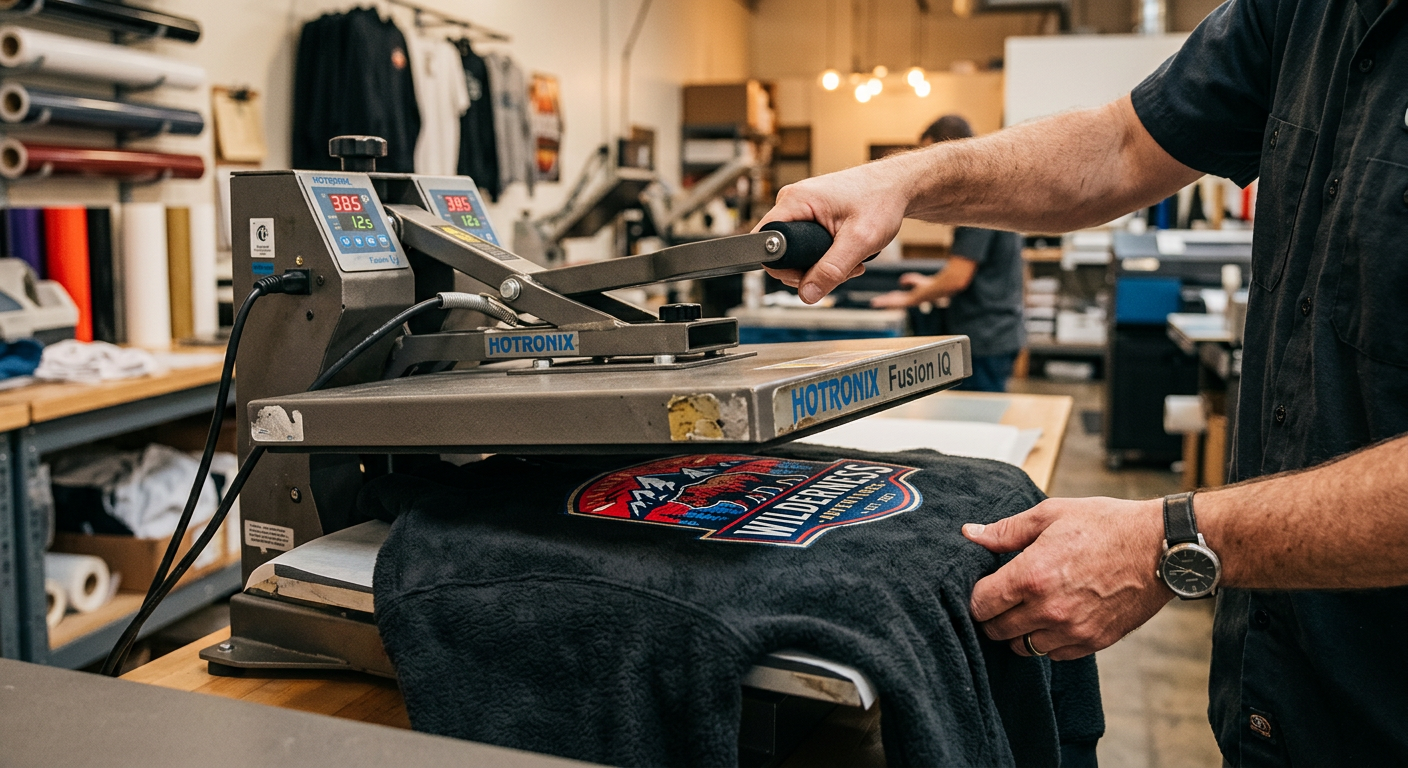 close-up photorealistic scene of a person pressing a hoodie transfer on a heat press, crisp color artwork centered on the ...