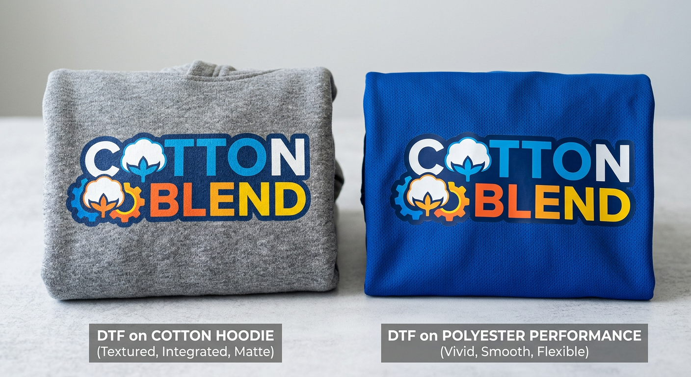 Close-up educational scene showing a pressed DTF graphic on a cotton hoodie beside a pressed DTF graphic on a polyester pe...