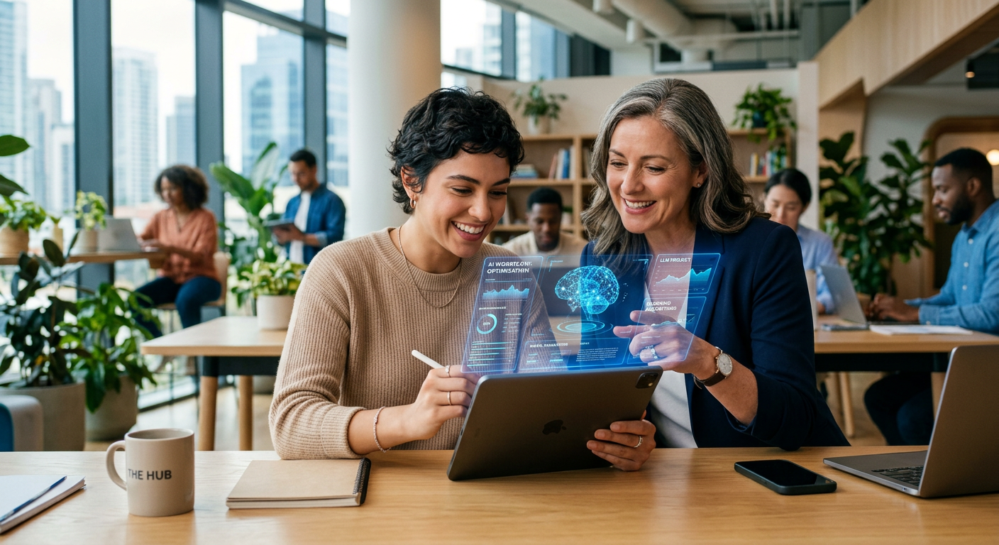 A photorealistic scene of a young professional learning AI tools on a tablet in a bright coworking space, with a mentor ne...