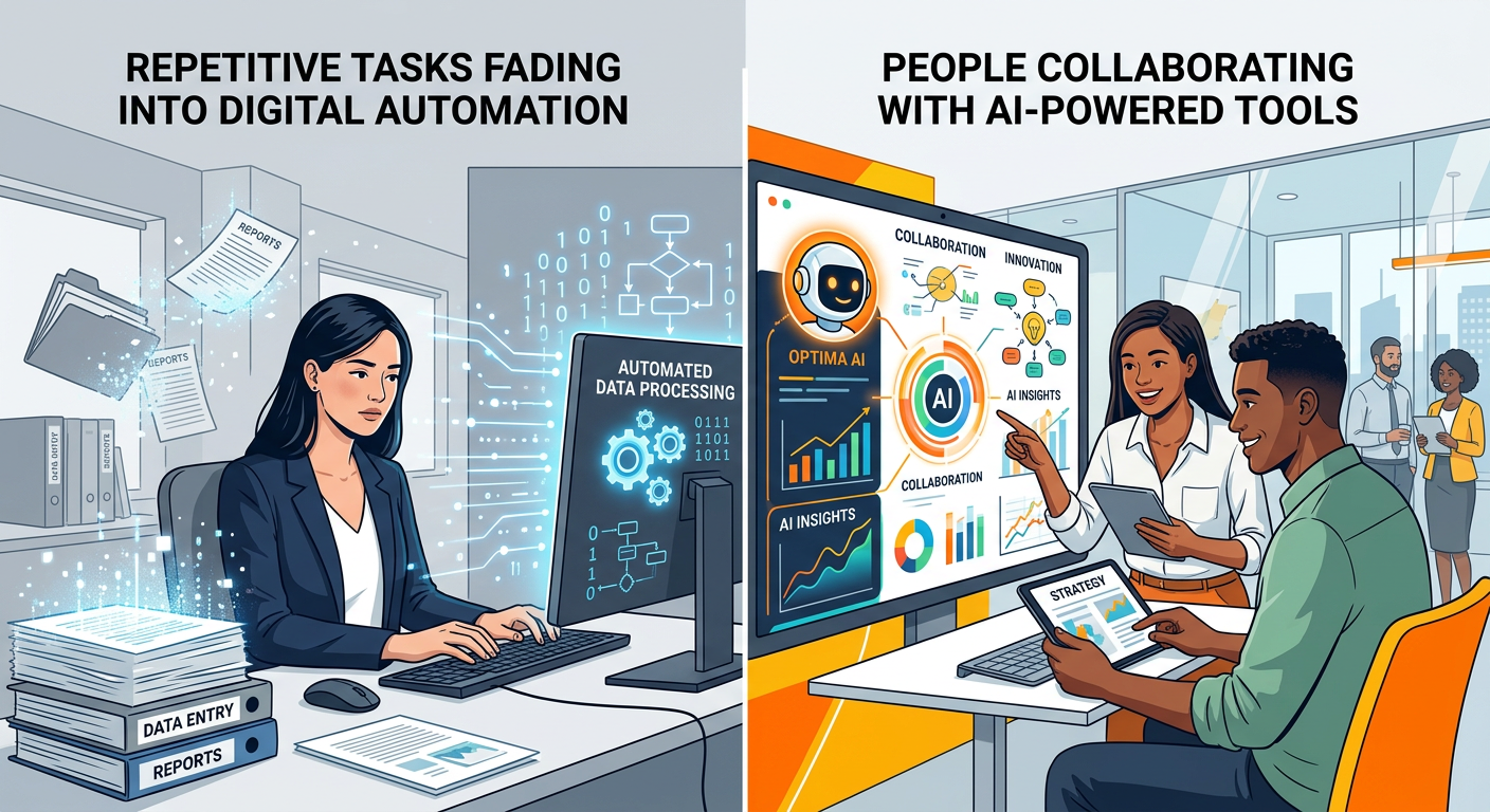 A modern editorial illustration of a split-screen workplace, one side showing repetitive office tasks fading into digital ...