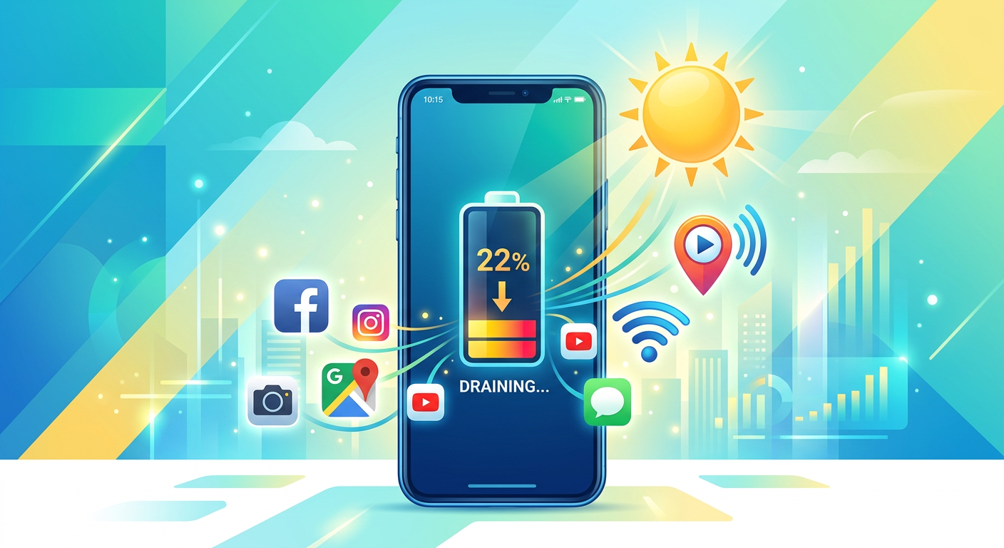 A clean, modern illustration of a smartphone battery being drained by floating app icons, location pin, video symbol, Wi-F...