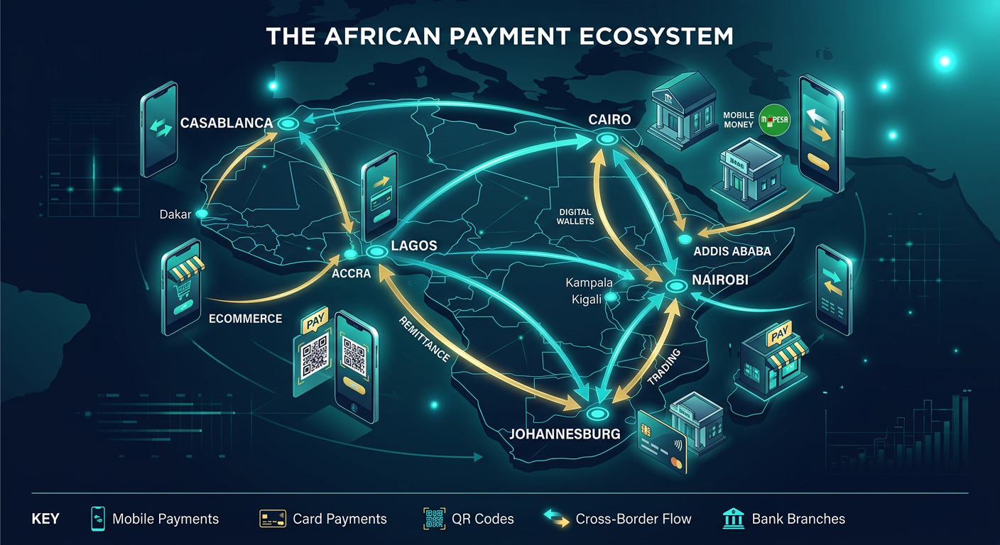A clean, modern editorial illustration of a payment ecosystem map with smartphones, bank branches, merchants, QR codes, ca...