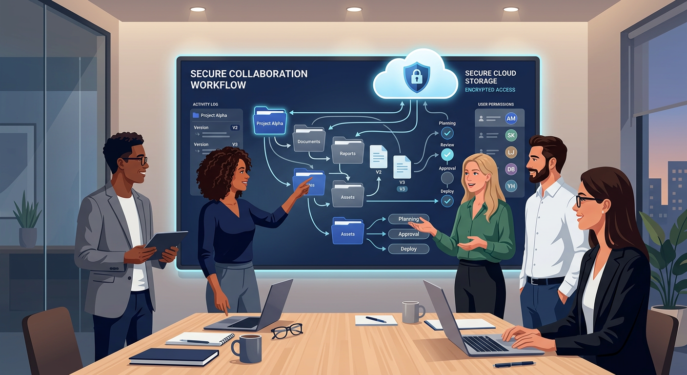 Modern illustrative scene of a five-person team reviewing shared files on a wall display with secure cloud icons, layered ...