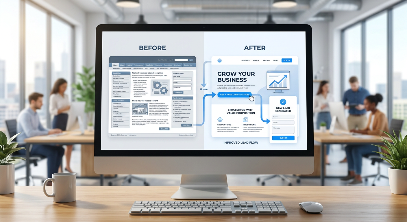 Website Redesign for Professional Services That Converts More Leads 2 A modern in-content illustration showing a before-and-after style website transformation on a sleek desktop screen, with c...