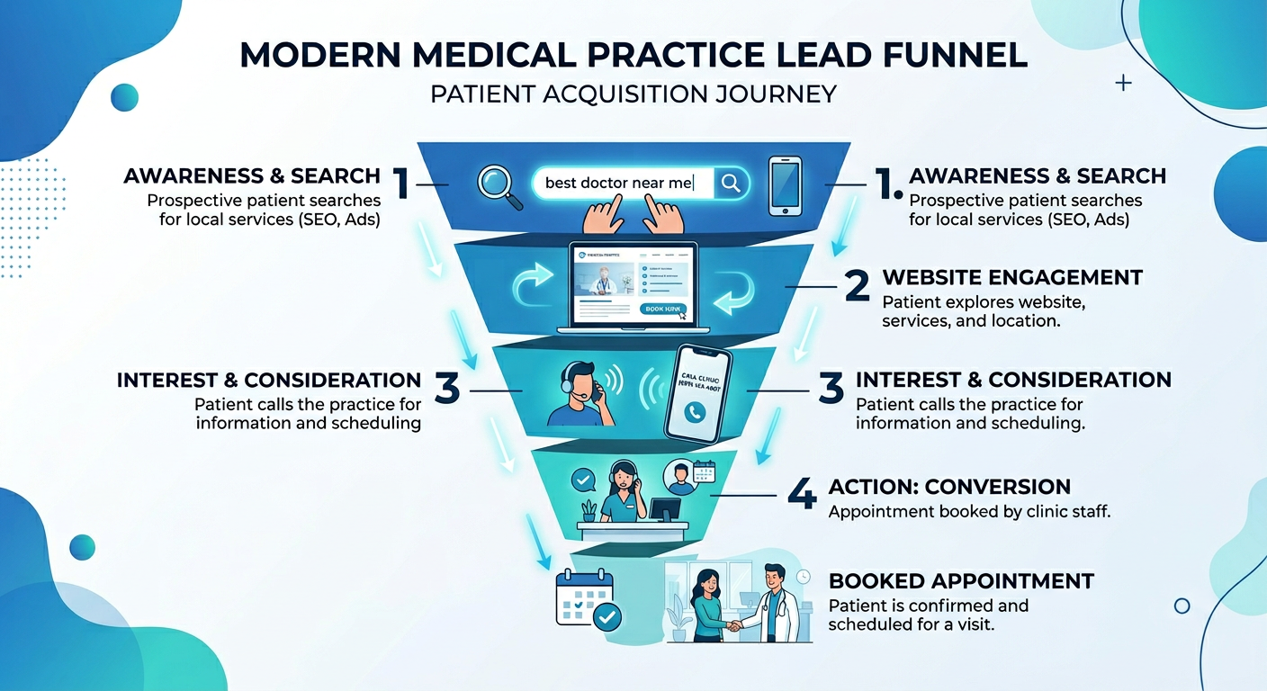 Google Ads Management for Medical Practices: A Revenue Guide 2 A modern infographic-style visual of a medical practice lead funnel, showing a search query turning into a phone call and ...