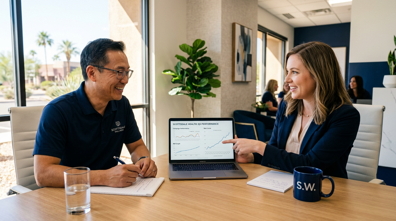 Google Ads Management for Medical Practices: A Revenue Guide 3 A photorealistic close-up of a doctor or practice manager speaking with a digital marketing strategist in a modern Scottsd...