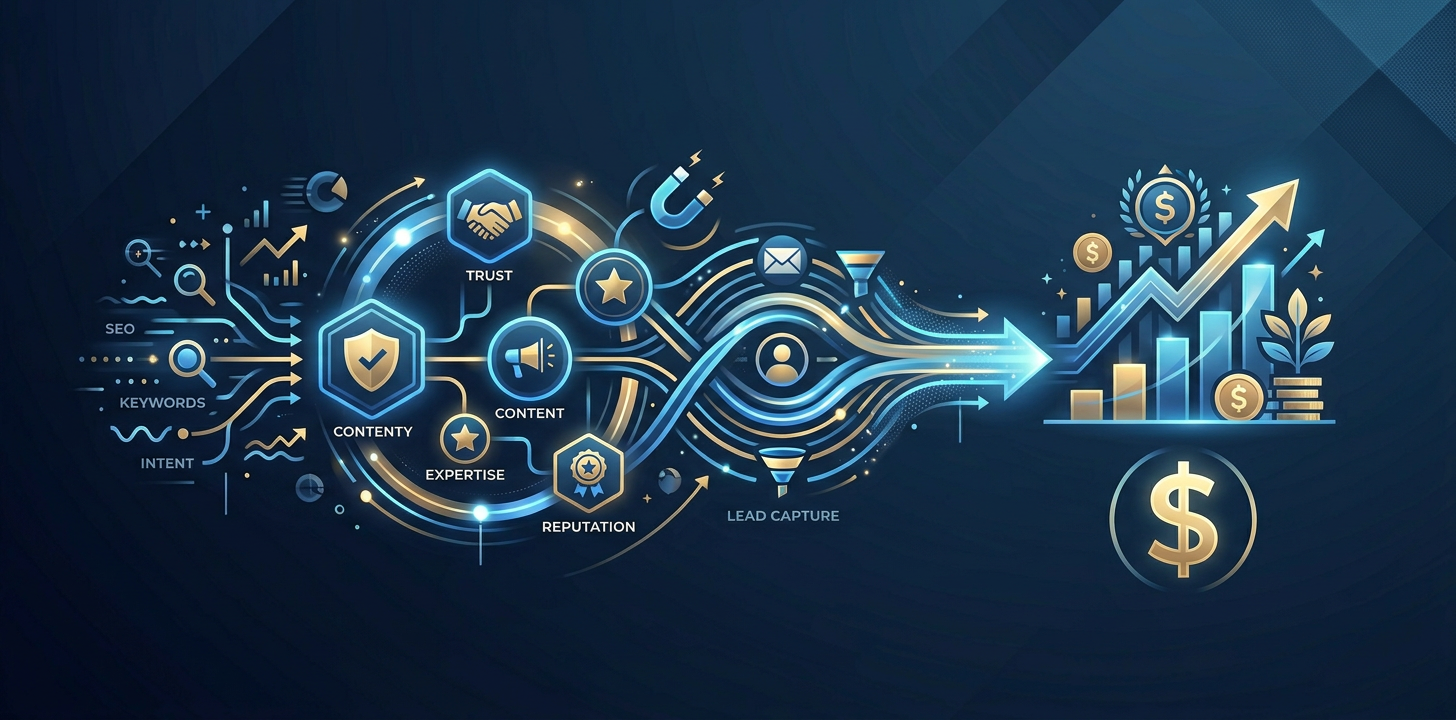 A modern abstract illustration of connected search signals, brand authority nodes, and lead-generation paths flowing into ...