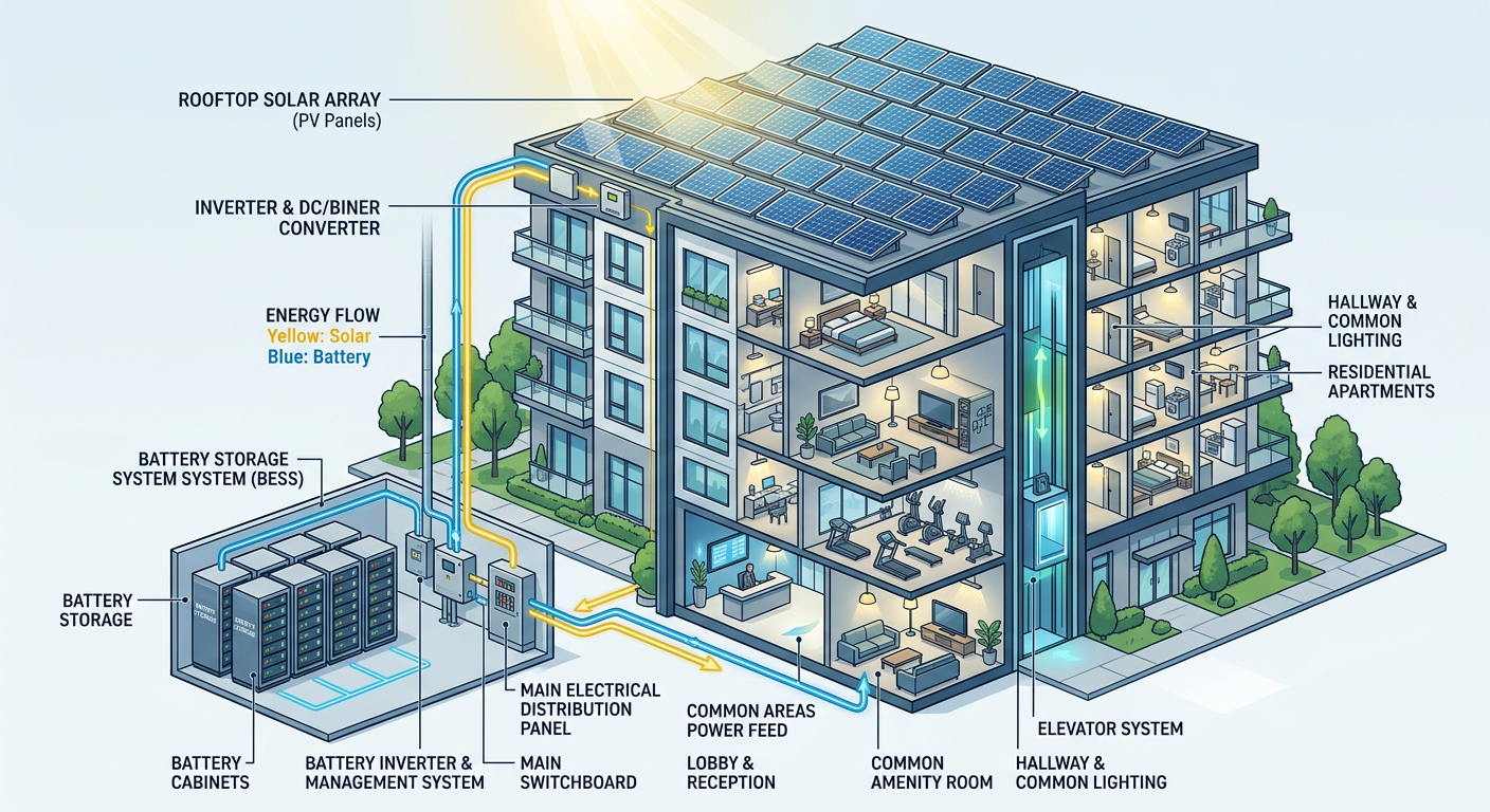 Independent Solar | Solar Battery Storage for Multifamily Housing That Works Modern illustrative cutaway of a multifamily apartment complex showing rooftop solar, basement or ground-level battery cab...
