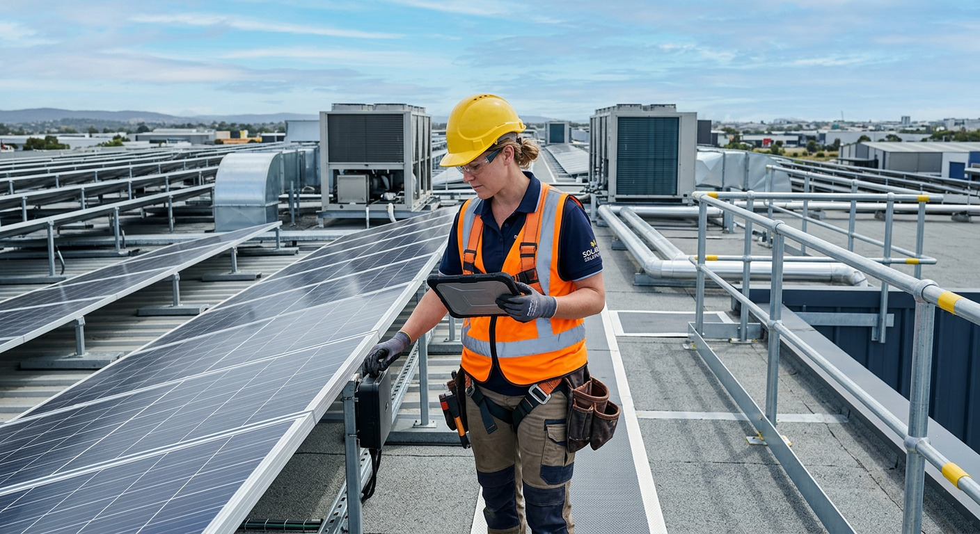 Independent Solar | Solar Ground Mount Vs Rooftop For Warehouses: Key Differences Photorealistic medium shot of a commercial solar installer inspecting a warehouse rooftop with rows of panels, HVAC units,...