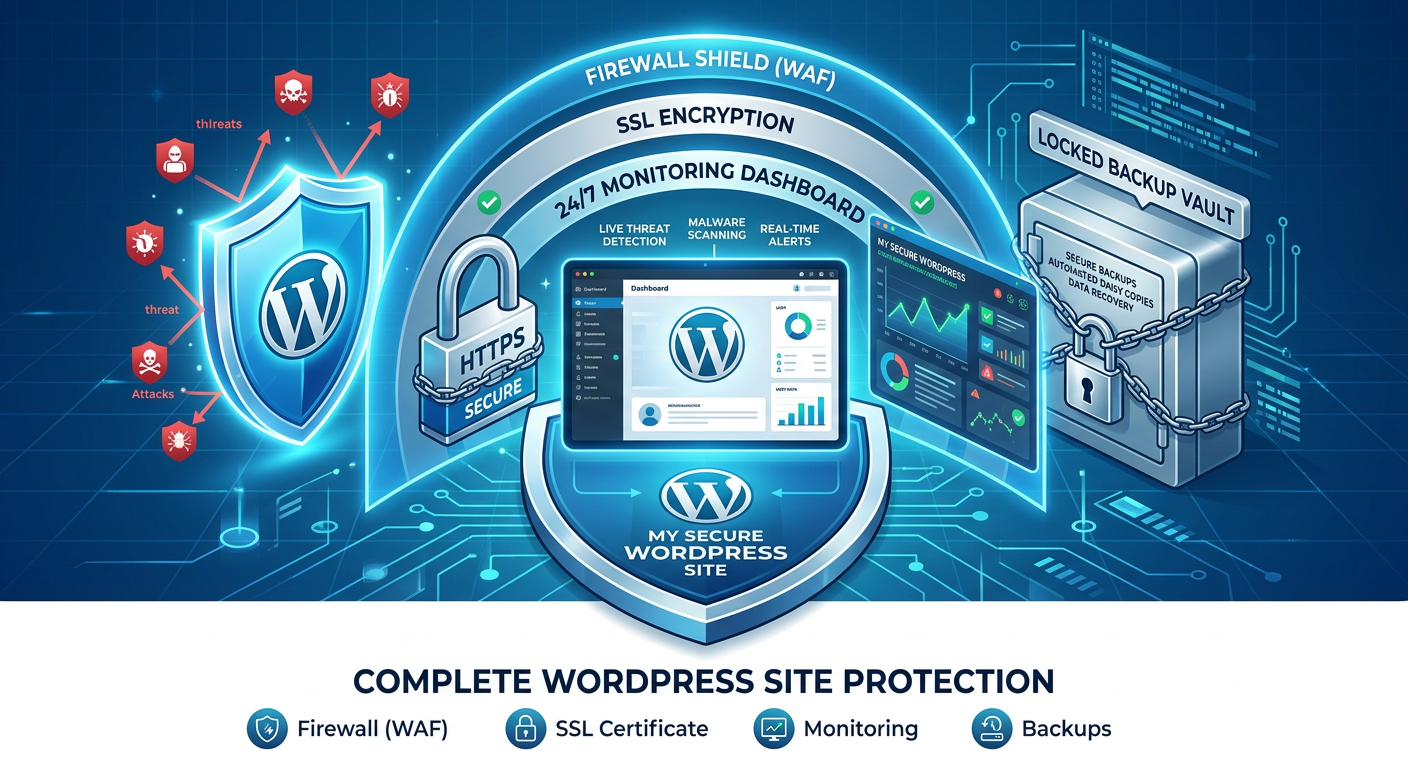 Modern illustration of a WordPress site being protected by multiple security layers, including a firewall shield, locked b...
