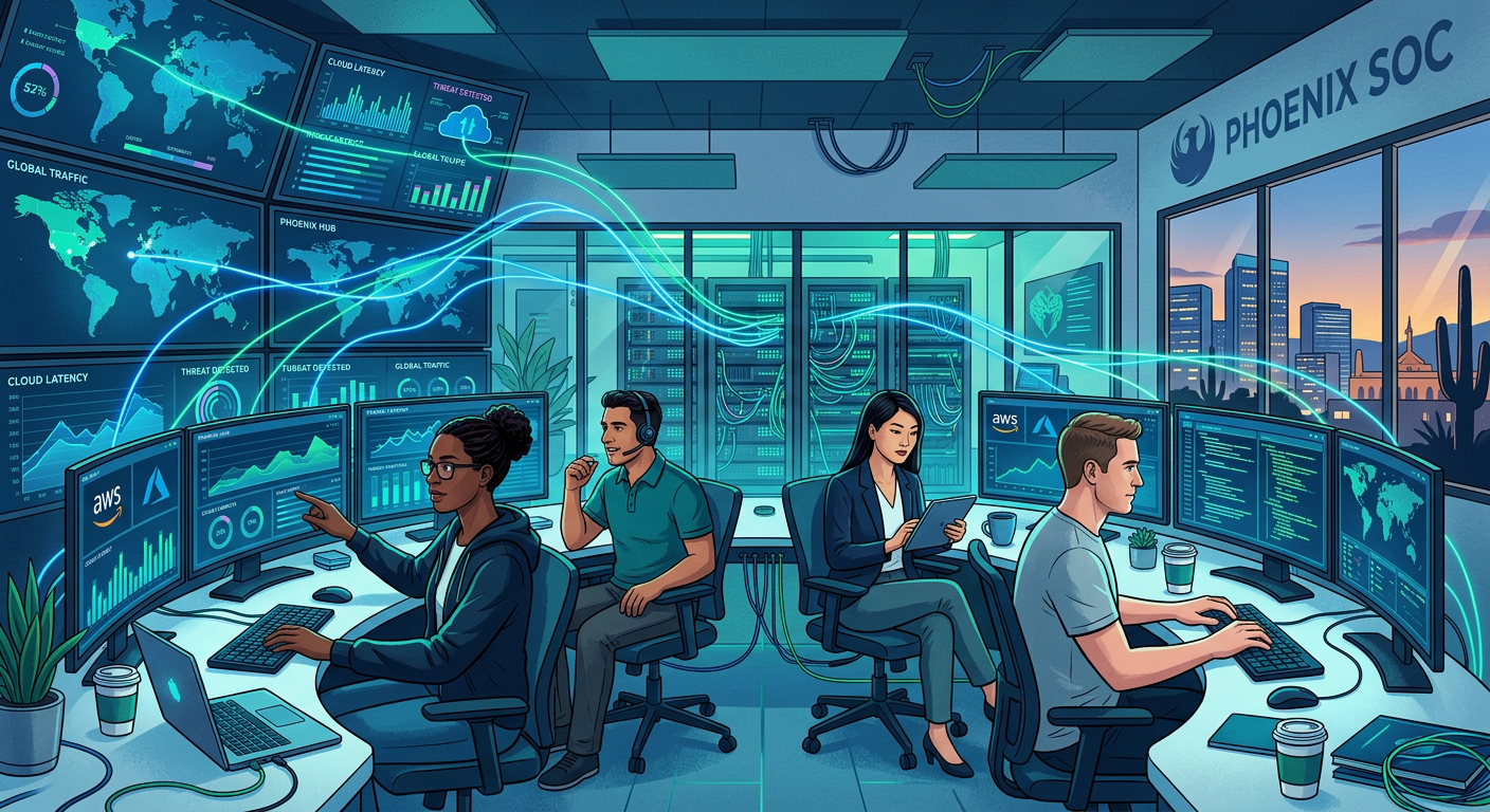 A modern security operations team monitoring cloud performance dashboards in a Phoenix office, with glowing network lines,...