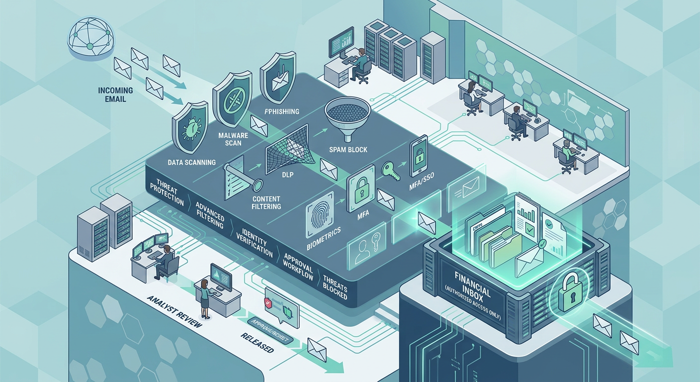 Modern isometric illustration of layered email defenses around a financial inbox, featuring shields, filters, identity che...