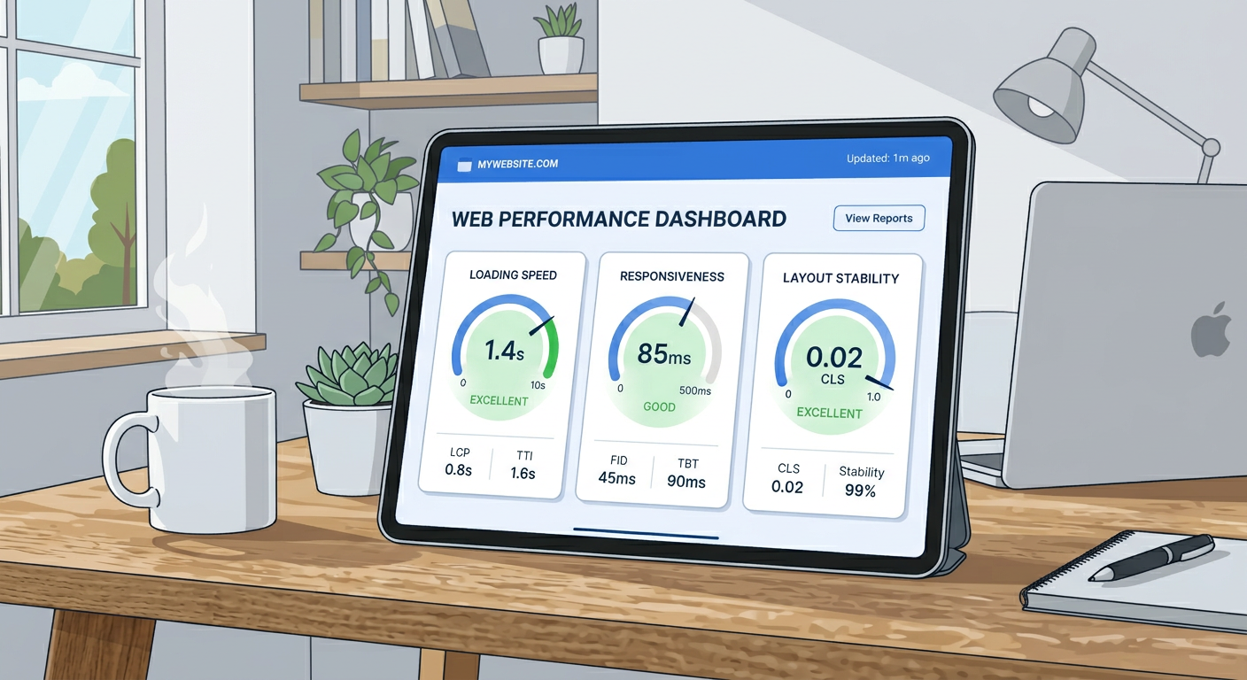 A clean modern illustration of a website performance dashboard with three simple status meters for loading speed, responsi...
