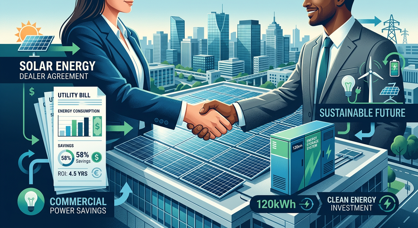 Modern illustration of a solar dealer handshake layered over a commercial rooftop, utility bills, battery storage cabinet,...