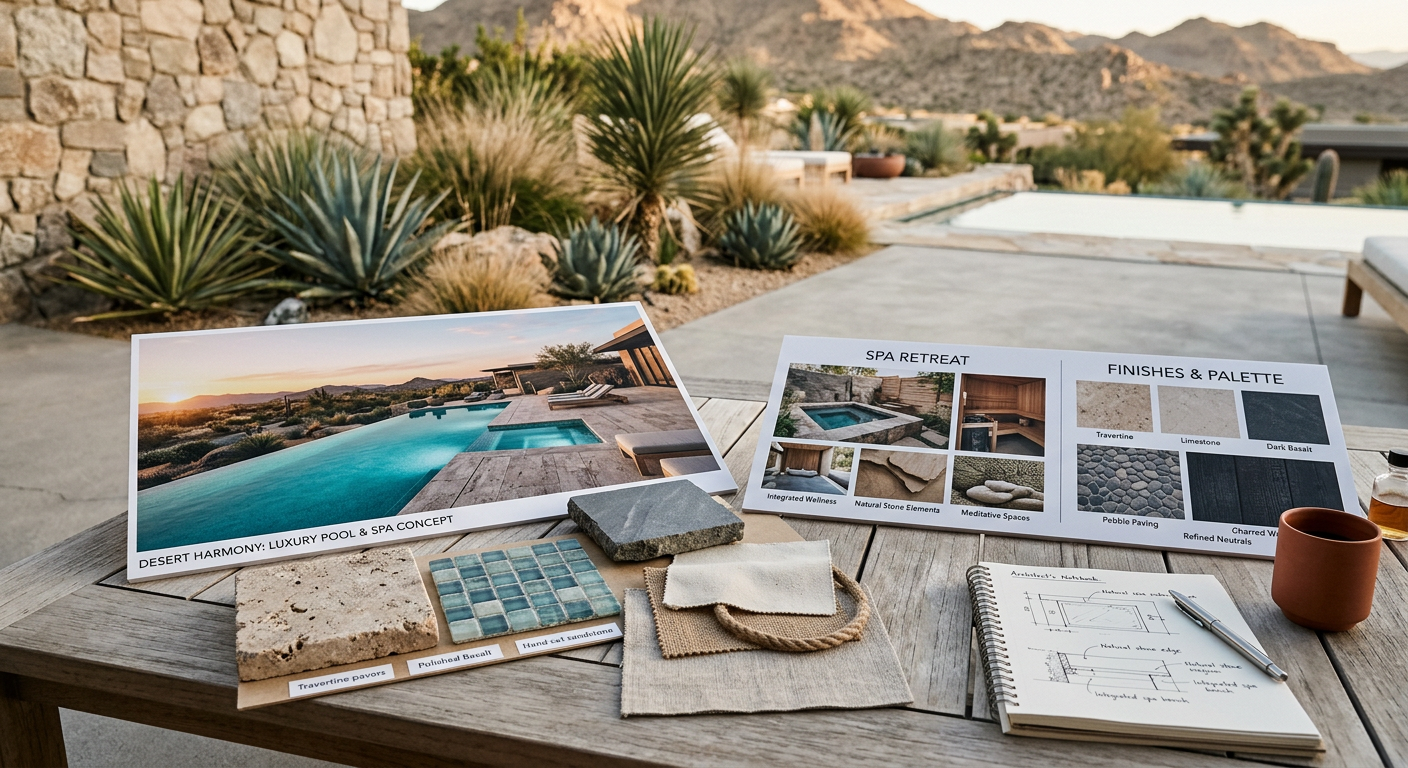 A modern design presentation scene showing a luxury pool rendering, material samples, stone finishes, and spa concept boar...