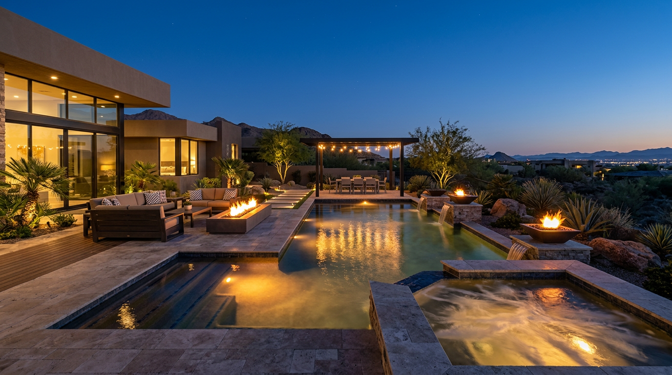 An elegant evening backyard oasis with a glowing custom pool, built-in spa, fire features, subtle landscape lighting, and ...