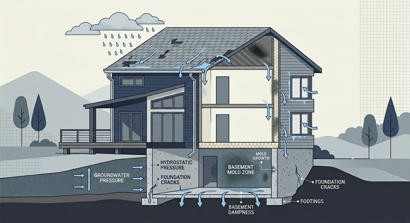 Modern editorial-style illustration of a home moisture pathway showing how water enters through roof, windows, and foundat...