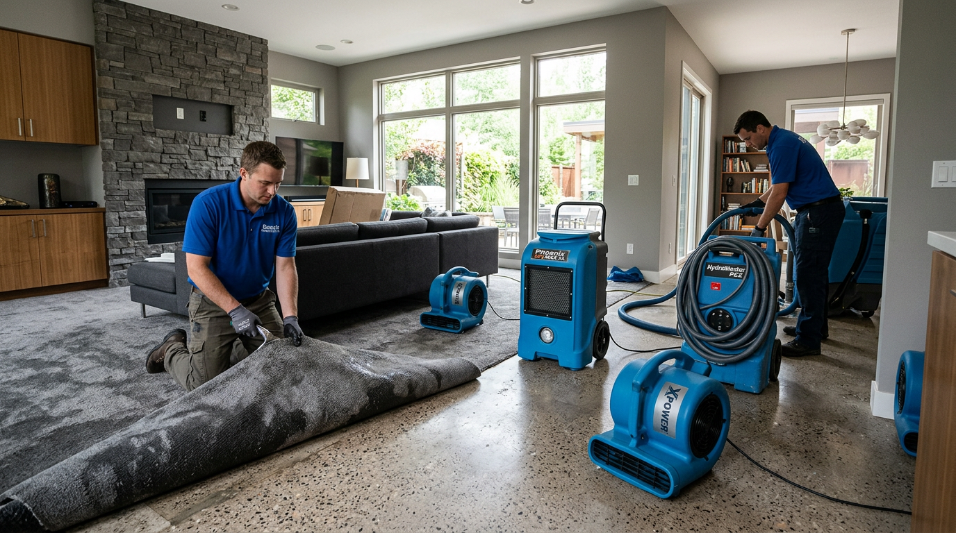 Modern photorealistic interior showing water extraction equipment, air movers, and dehumidifiers placed in a Basalt reside...