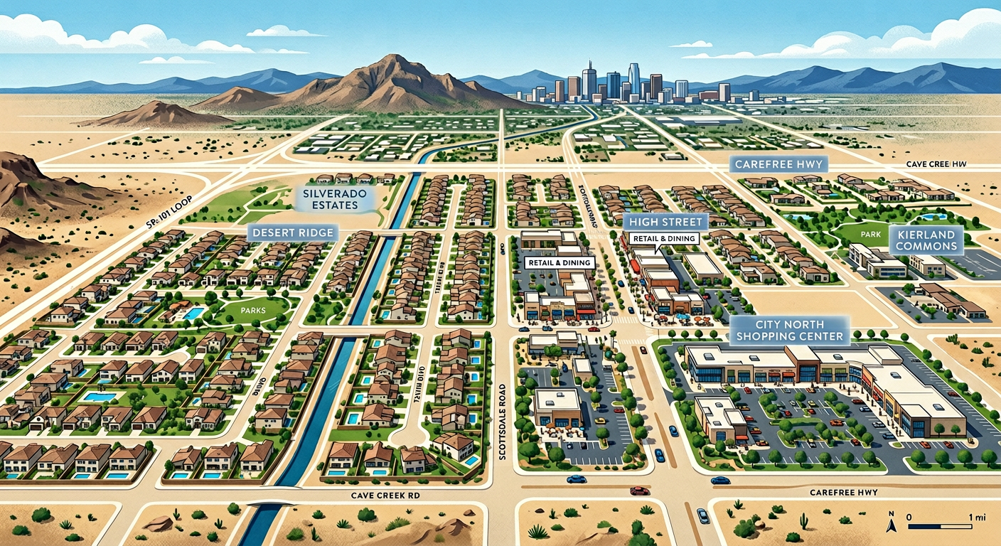 Modern editorial-style map-like scene of Phoenix neighborhoods with highlighted suburban streets, new construction homes, ...