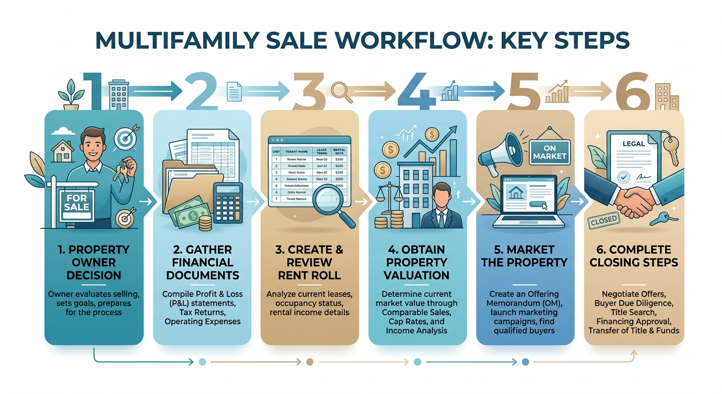 Modern infographic-style visual of a multifamily sale workflow, showing a property owner, financial documents, rent roll, ...