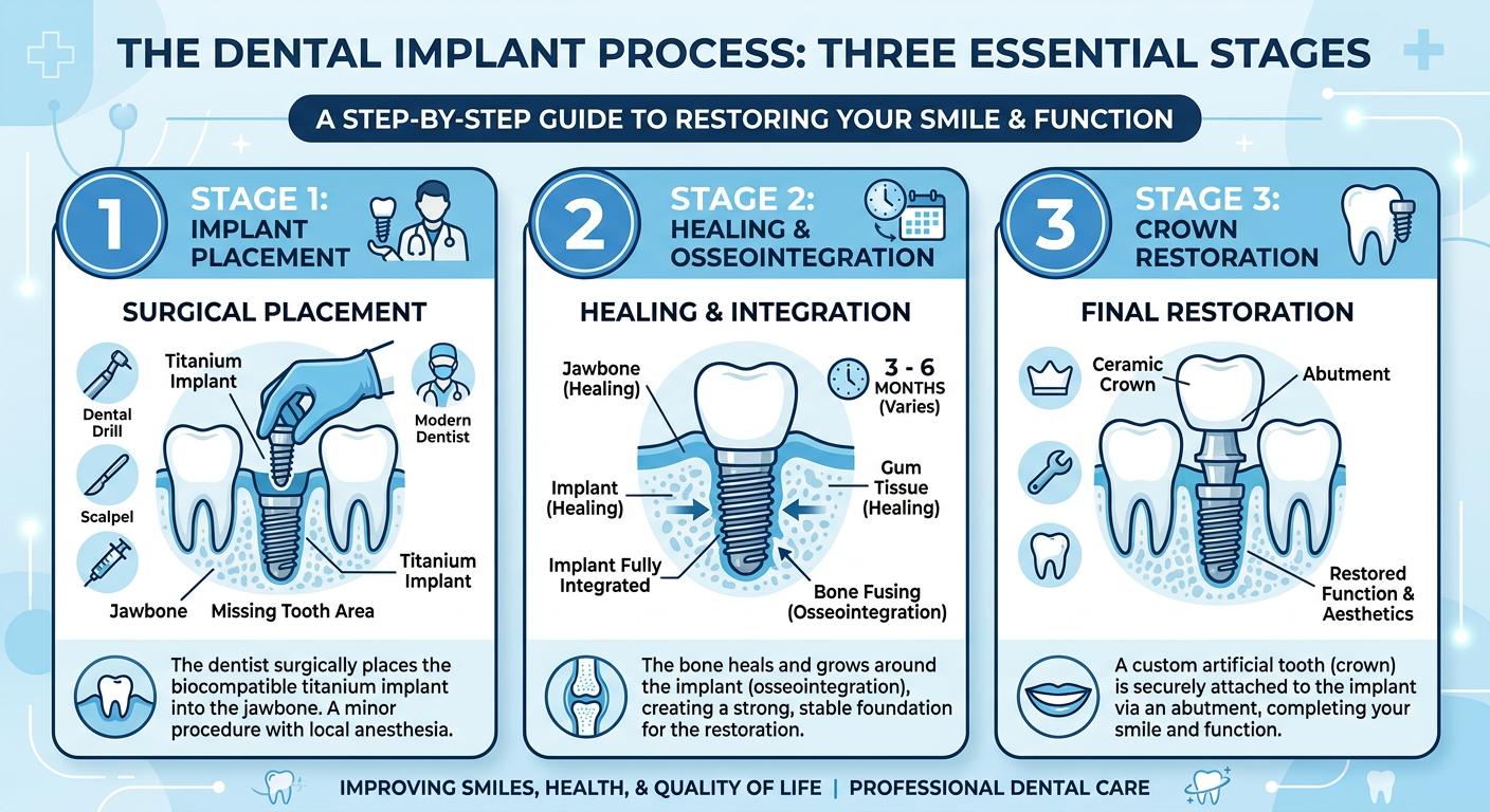 modern infographic-style illustration of a dental implant process with three clear stages, implant placement, healing, and...
