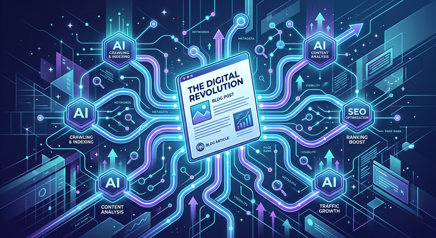 Modern editorial illustration of a blog article being indexed by multiple glowing AI pathways, with connected nodes, searc...