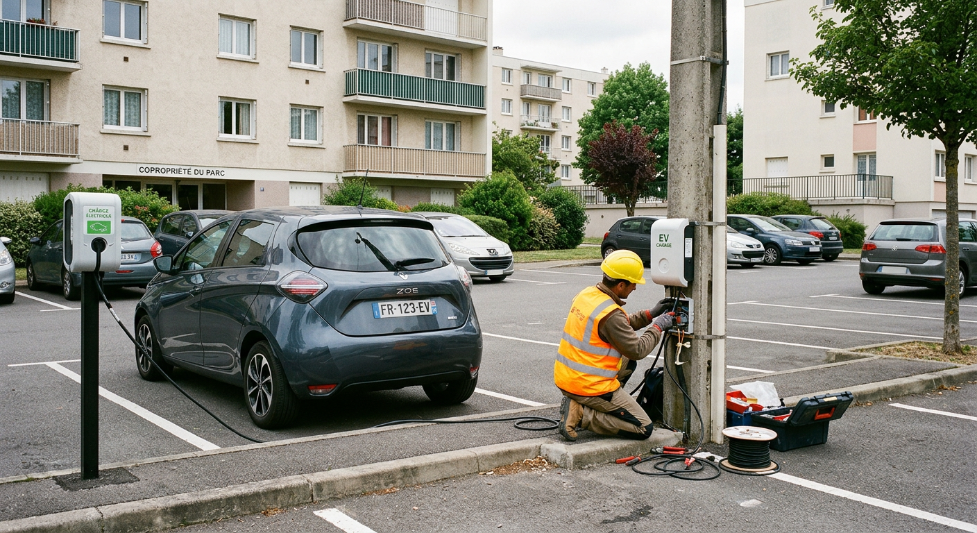 Technicien installe une borne de recharge électrique IRVE dans un parking de copropriété avec une voiture électrique en charge