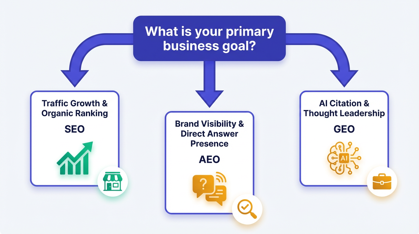 Decision flowchart for choosing between SEO AEO and GEO based on business goals