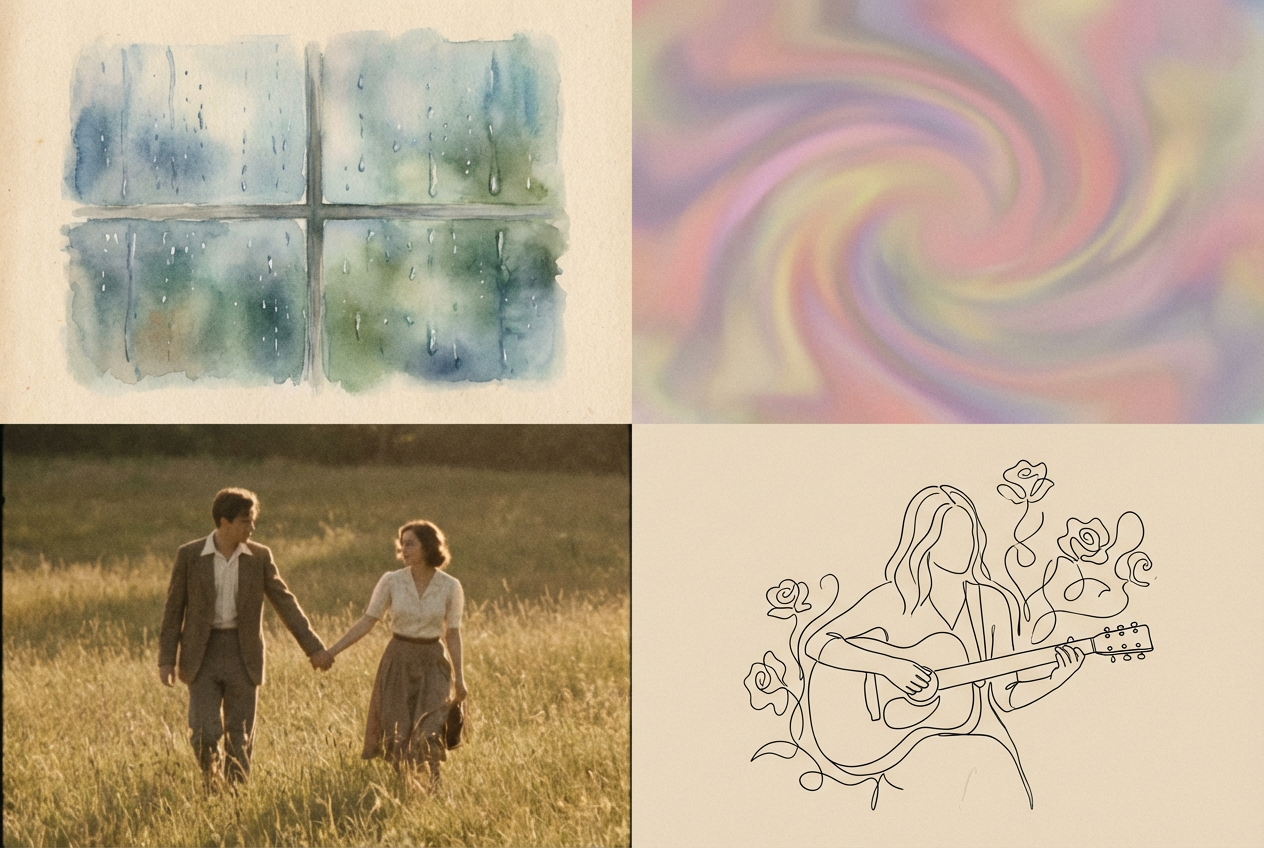 alt text: Collage of AI-generated indie music video styles including watercolor animation, dreamy narrative, and abstract visualizer
