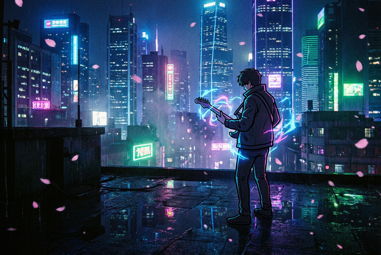 alt text: Anime-style AI indie music video frame showing a guitarist on a neon-lit rooftop