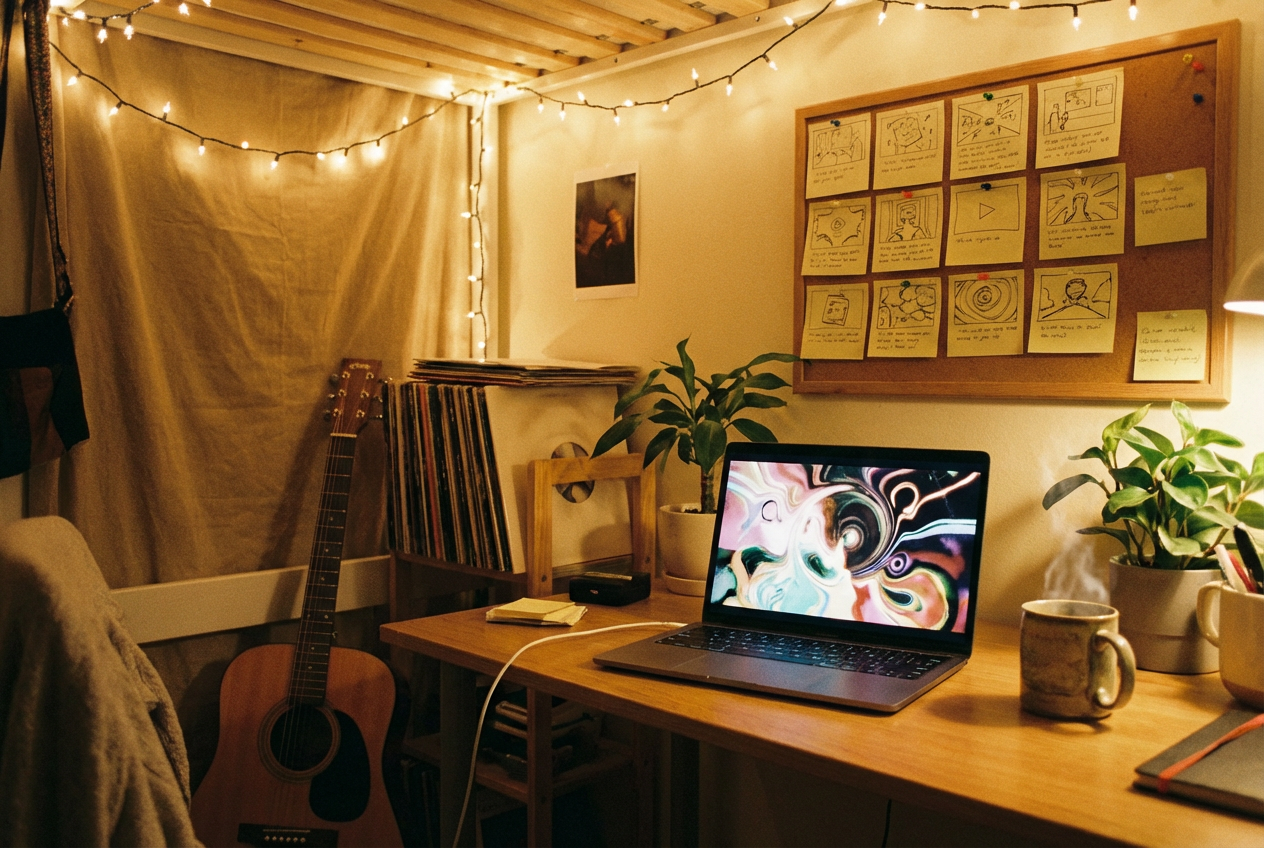 alt text: Indie musician's creative workflow using AI video tools on a laptop