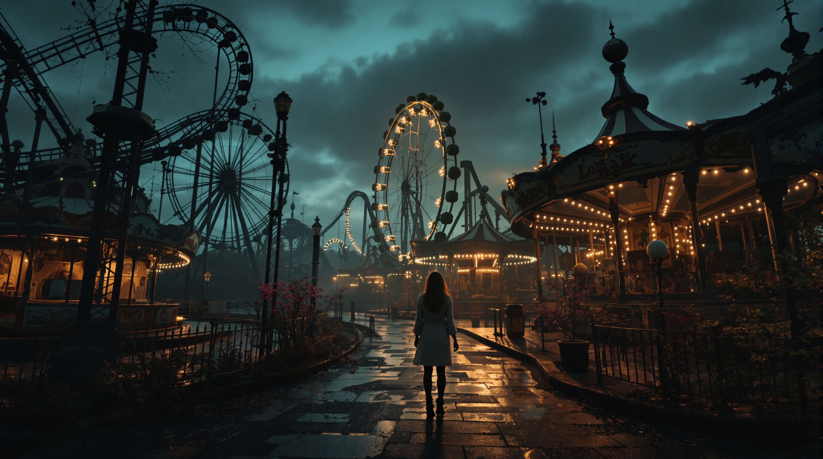 Jugador explorando un entorno surrealista en La aventura VR The Amusement.