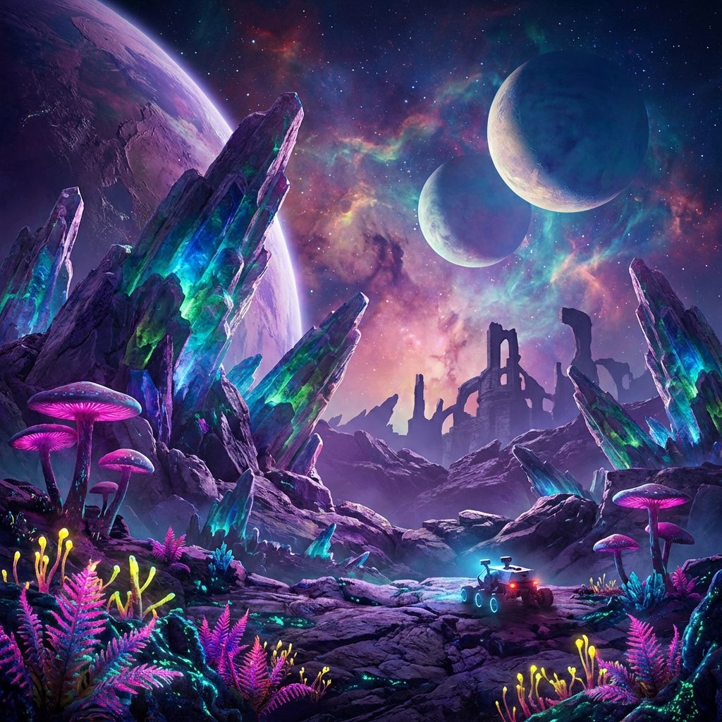 AI-generated alien planet landscape with bioluminescent flora and twin moons in nebula sky