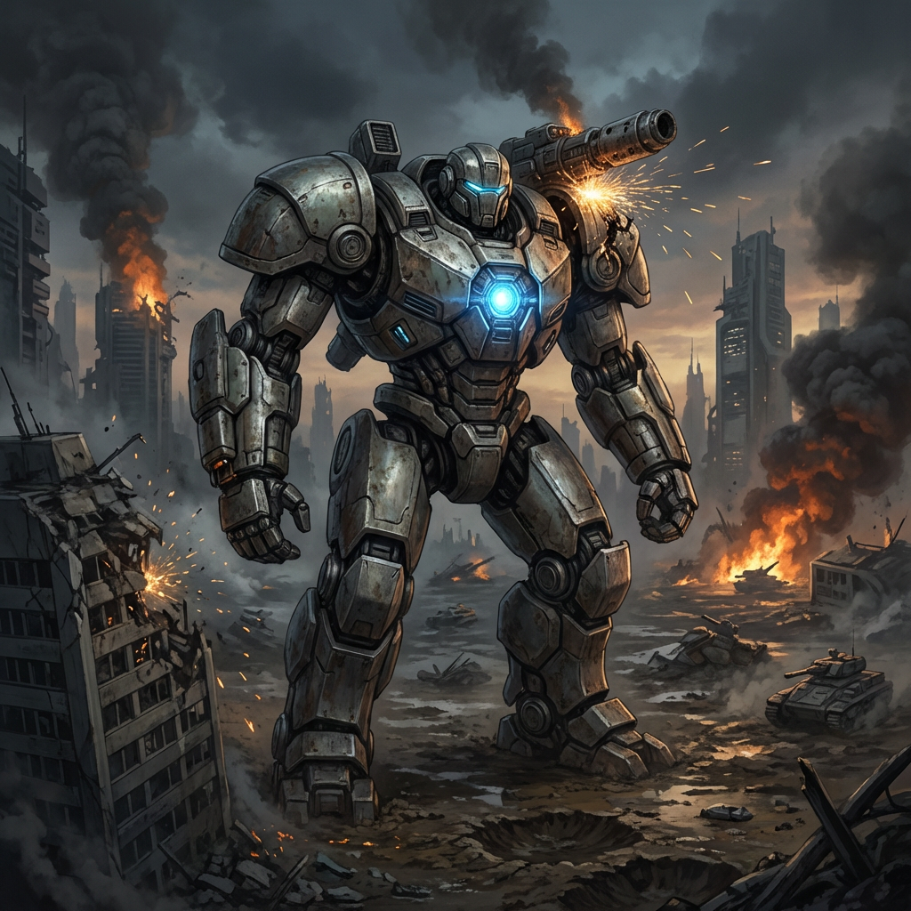 Giant mech robot in futuristic battlefield with dramatic smoke and fire effects, AI sci-fi art