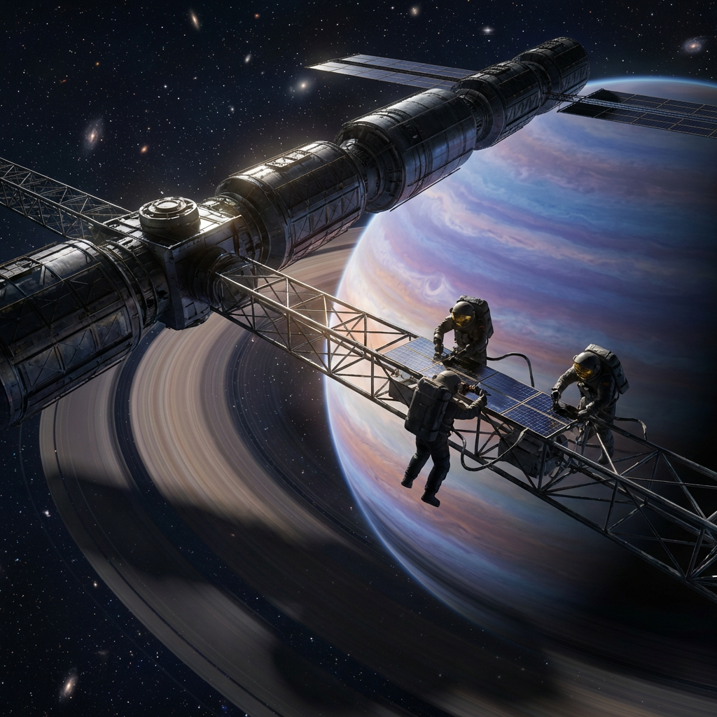 Deep space station orbiting gas giant with astronauts performing EVA, AI-generated sci-fi illustration