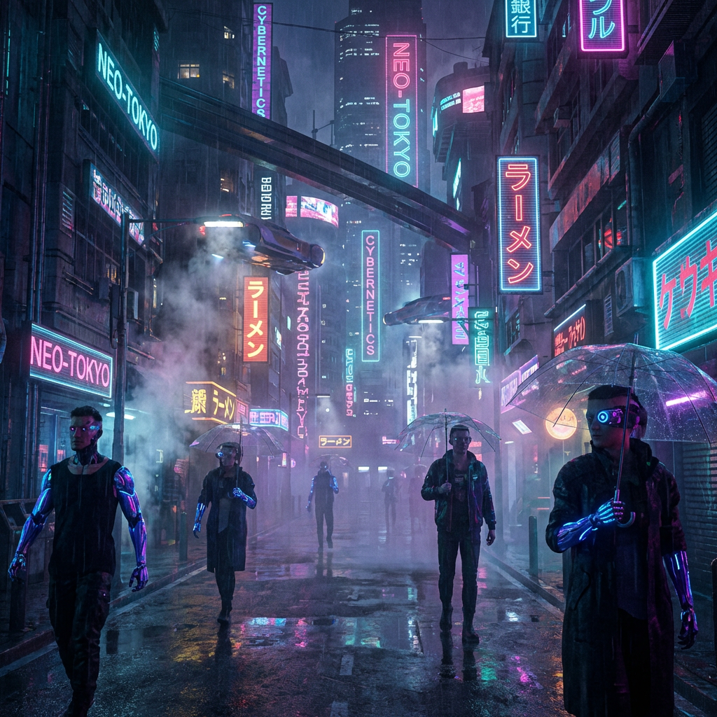 Cyberpunk street scene at night with neon reflections and augmented humans, AI sci-fi art