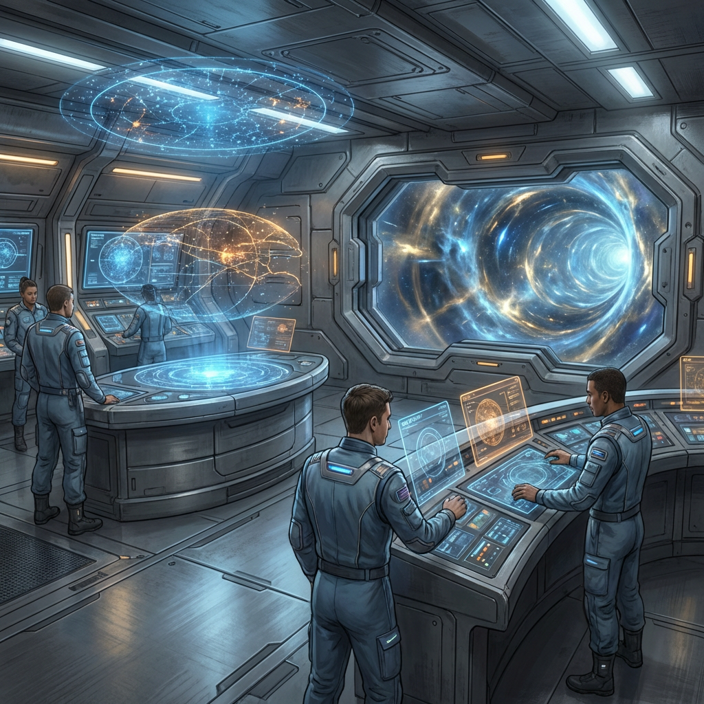 Interstellar spacecraft bridge interior with holographic star maps and wormhole view, AI concept art